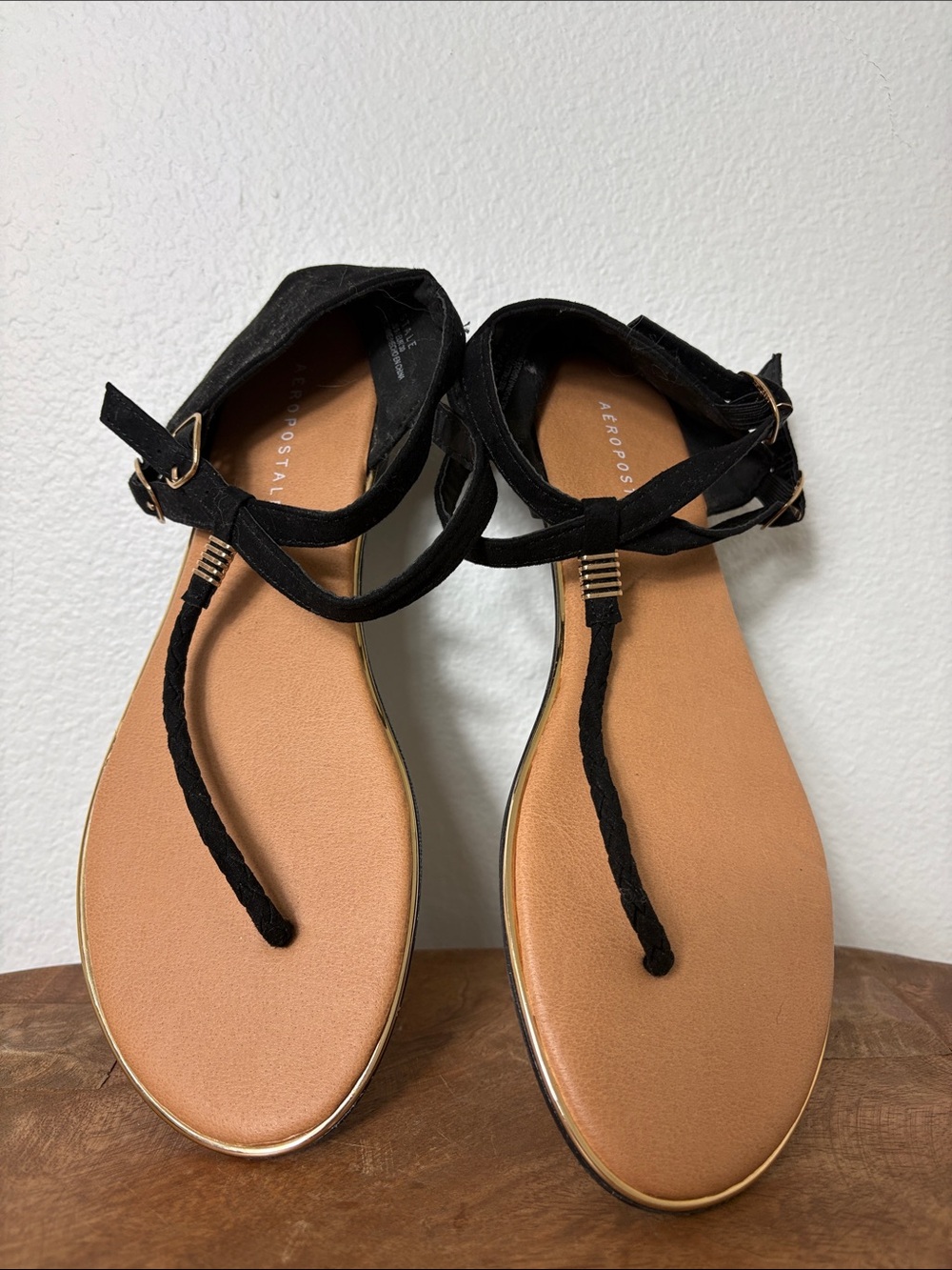 Aeropostale Black and Tan T-Strap Ankle Wrap Sandals